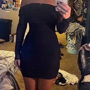 Dark blue, homecoming, thigh length, strapless/longsleeve dress.